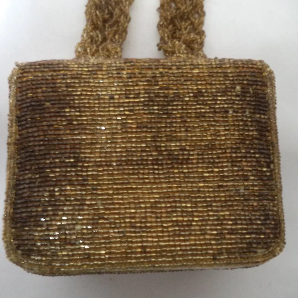 Vintage gold Beaded Box handbag purse small Beaded strap w/ Mirror Occasion